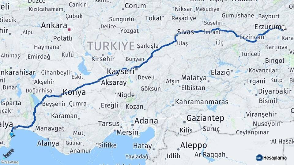 Antalya Kemer Erzurum Arası Kaç Km - Yol Haritası