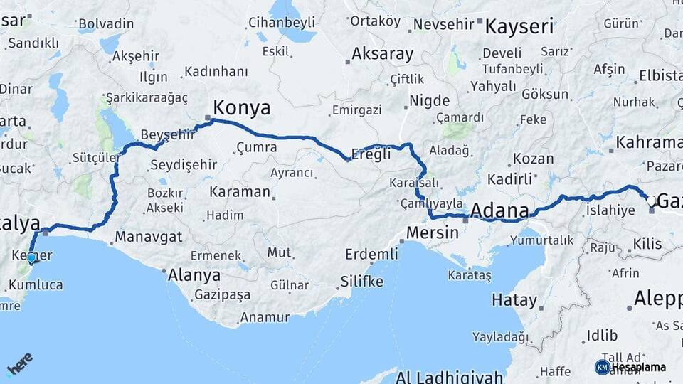 Antalya Kemer Gaziantep Arası Kaç Km - Yol Haritası