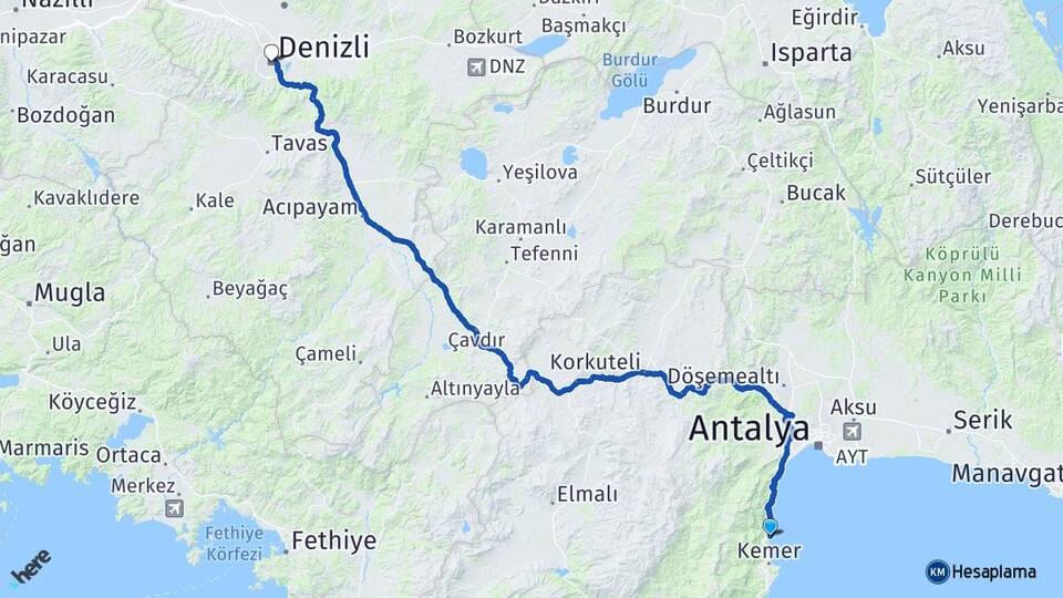 Antalya Kemer Göynük Denizli Arası Kaç Km - Yol Haritası