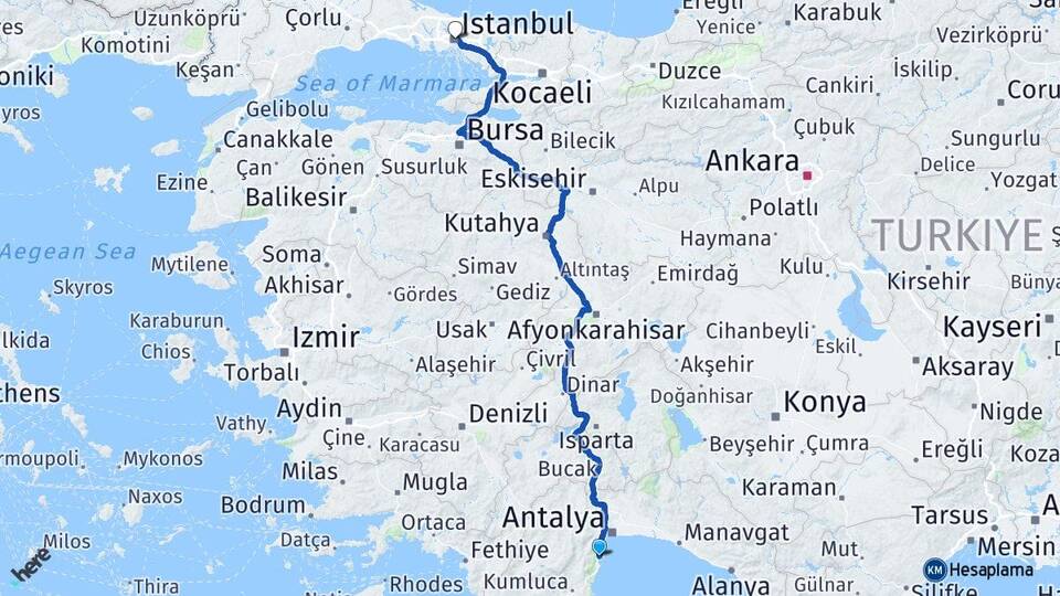 Antalya Kemer Göynük İstanbul Arası Kaç Km - Yol Haritası