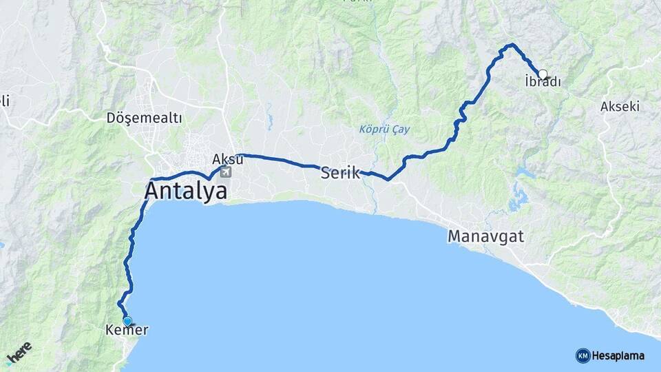 Antalya Kemer İbradı Arası Kaç Km - Yol Haritası