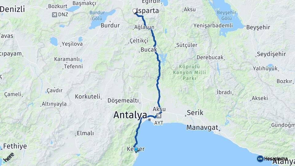 Antalya Kemer Isparta Arası Kaç Km - Yol Haritası