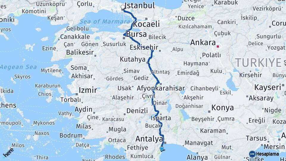 Antalya Kemer İstanbul Arası Kaç Km - Yol Haritası