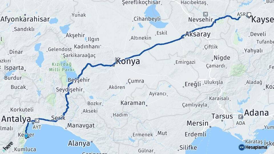 Antalya Kemer Kayseri Arası Kaç Km - Yol Haritası