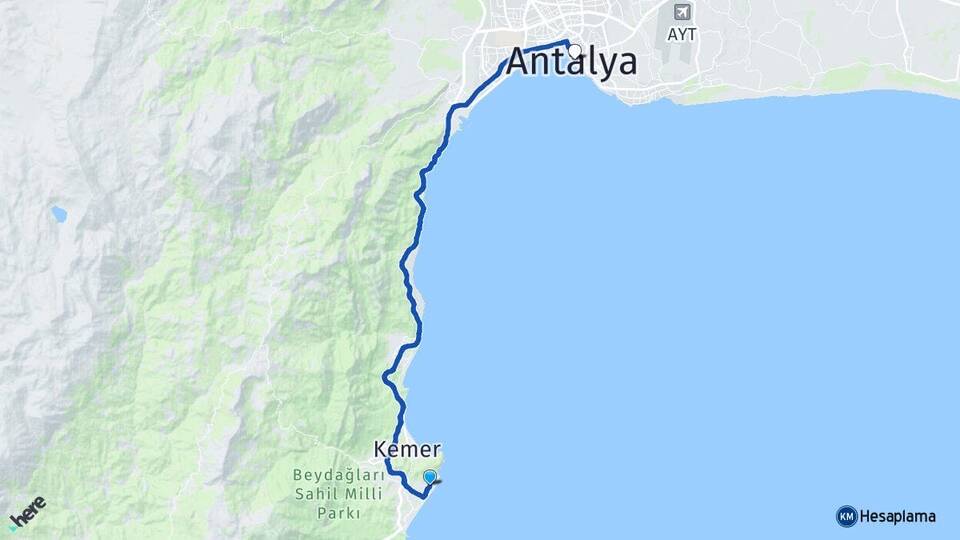 Antalya Kemer Kiriş Arası Kaç Km - Yol Haritası