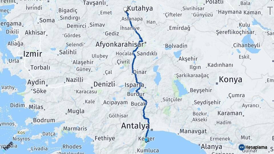Antalya Kemer Kütahya Arası Kaç Km - Yol Haritası