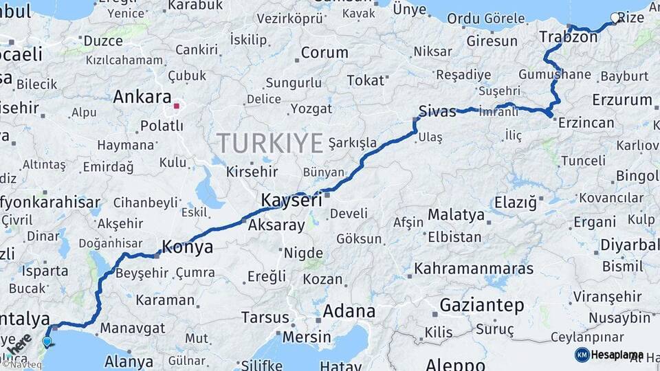 Antalya Kemer Rize Arası Kaç Km - Yol Haritası