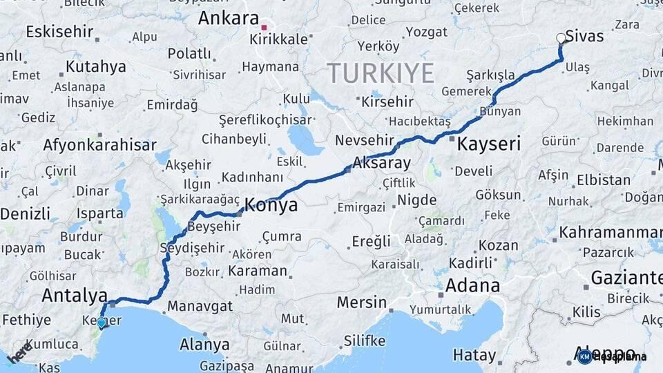 Antalya Kemer Sivas Arası Kaç Km - Yol Haritası