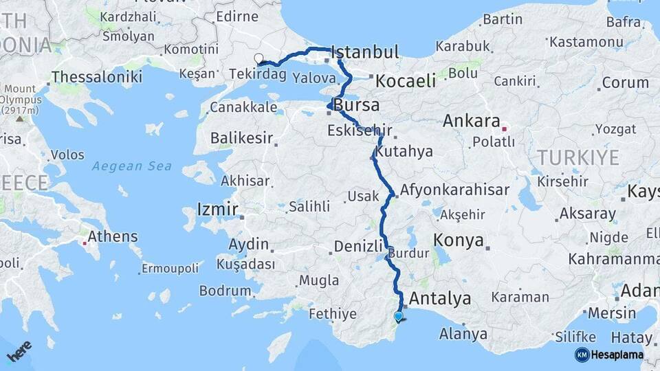 Antalya Kemer Tekirdağ Arası Kaç Km - Yol Haritası