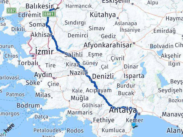 Antalya Kemer Tekirova Balıkesir Arası Kaç Km - Yol Haritası