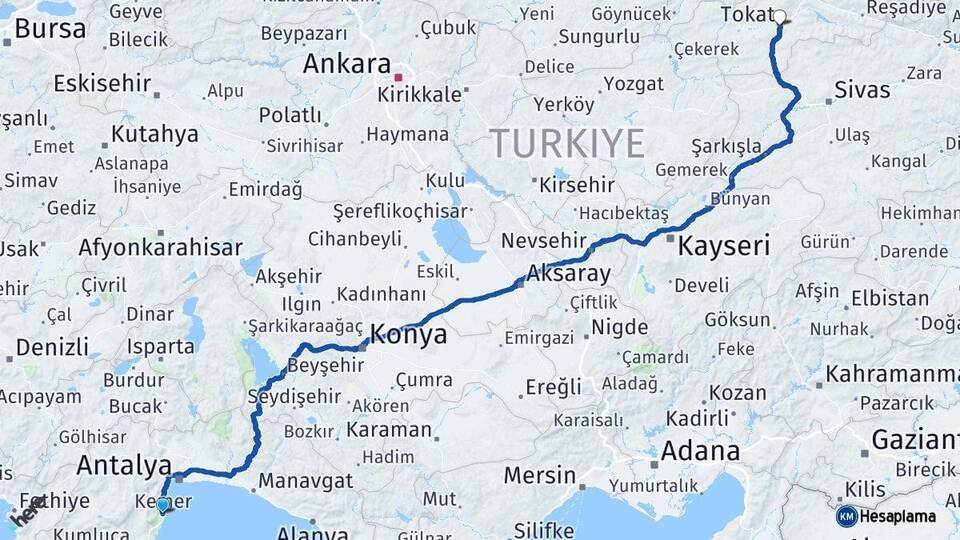 Antalya Kemer Tokat Arası Kaç Km - Yol Haritası