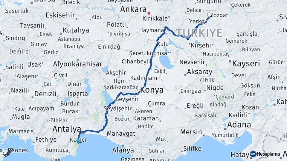 Antalya Kemer Yozgat Arası Kaç Km - Yol Haritası