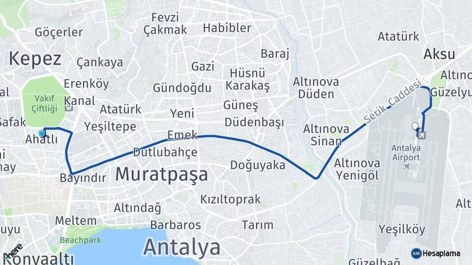 Ahatlı Antalya Havalimanı Arası Kaç Km - Yol Tarifi