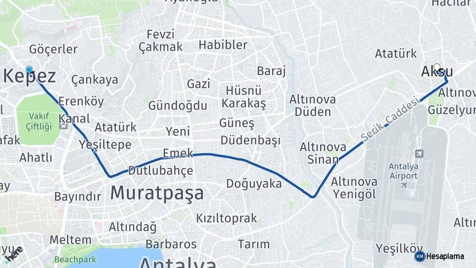 Antalya Kepez Aksu Arası Kaç Km - Yol Haritası
