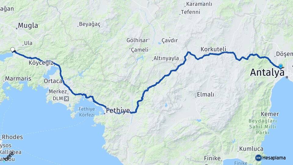 Antalya Kepez Akyaka Ula Muğla Arası Kaç Km - Yol Haritası