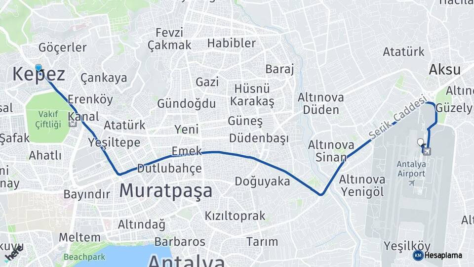 Antalya Kepez Antalya Havalimanı Arası Kaç Km - Yol Haritası