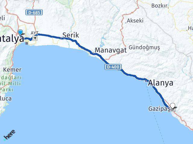 Antalya Kepez Gazipaşa Alanya Havalimanı Arası Kaç Km - Yol Haritası