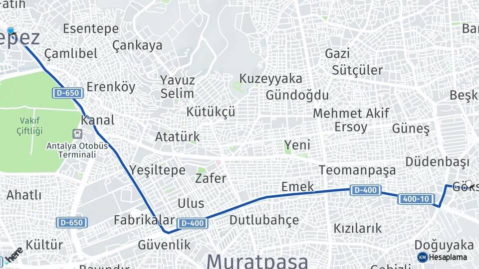 Antalya Kepez Göksu Kepez Arası Kaç Km - Yol Haritası