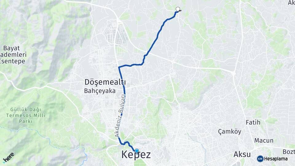 Antalya Kepez Kızıllı Kepez Arası Kaç Km - Yol Haritası