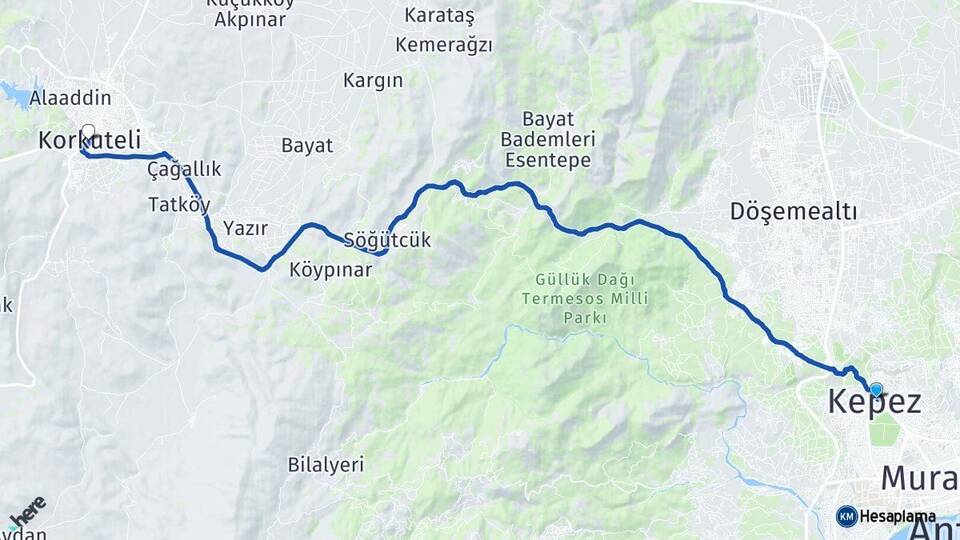 Antalya Kepez Korkuteli Arası Kaç Km - Yol Haritası
