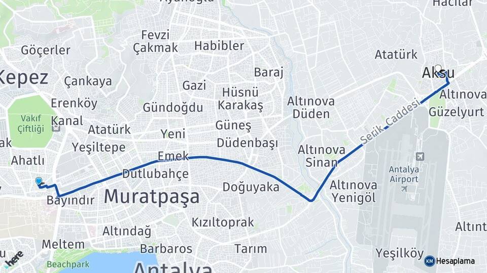 Antalya Kepez Kültür Aksu Arası Kaç Km - Yol Haritası