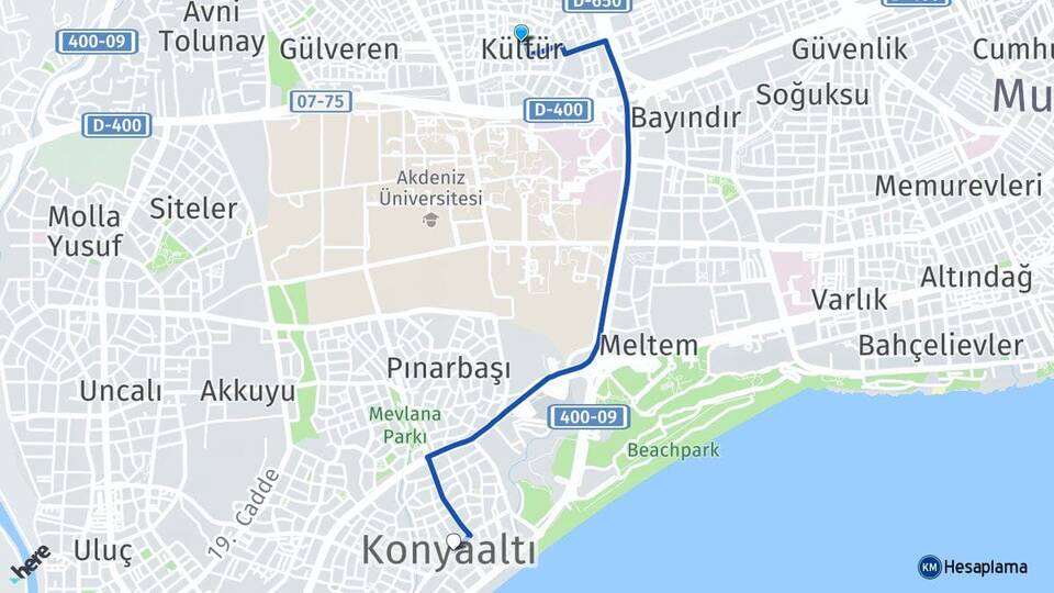 Antalya Kepez Kültür Konyaaltı Arası Kaç Km - Yol Haritası