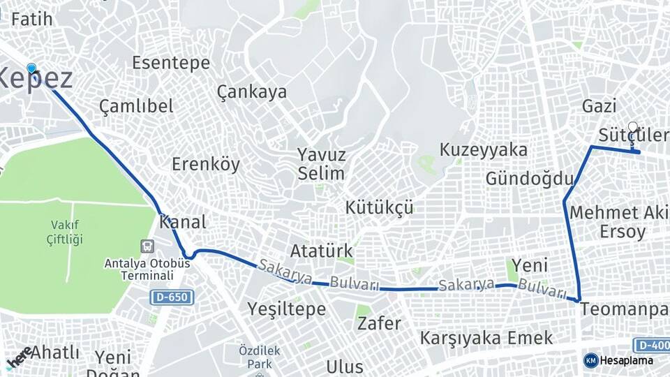 Antalya Kepez Sütçüler Kepez Arası Kaç Km - Yol Haritası