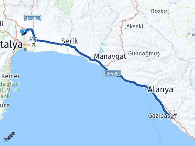 Varsak Karşıyaka Gazipaşa Alanya Havalimanı Arası Kaç Km - Yol Tarifi