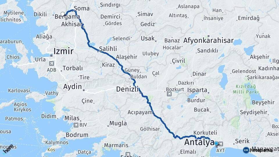 Antalya Kınık İzmir Arası Kaç Km - Yol Haritası