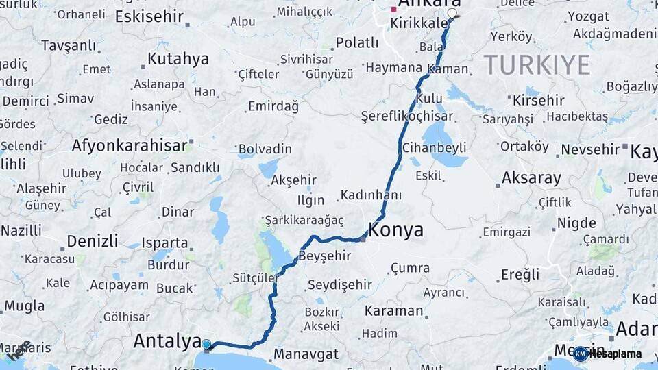 Antalya Kırıkkale Arası Kaç Km - Yol Haritası
