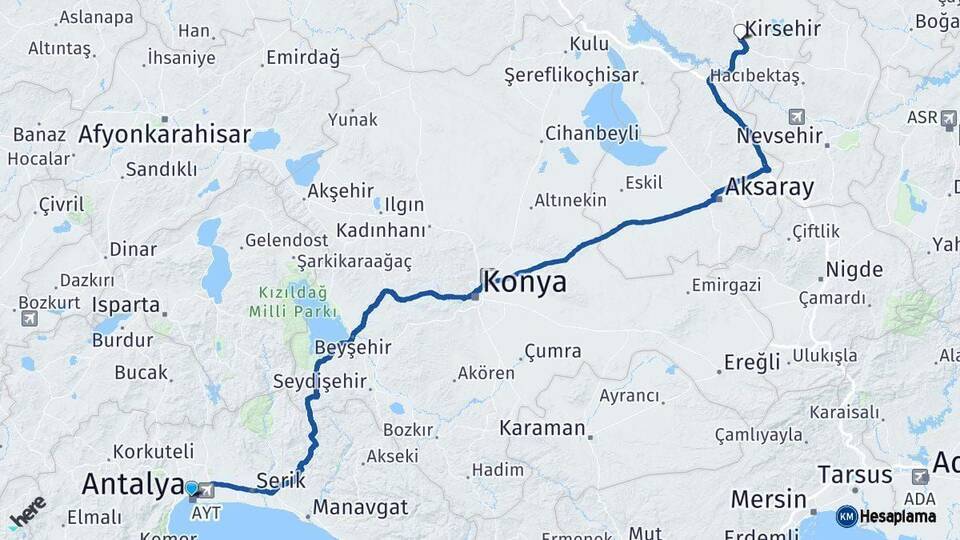 Antalya Kırşehir Arası Kaç Km - Yol Haritası