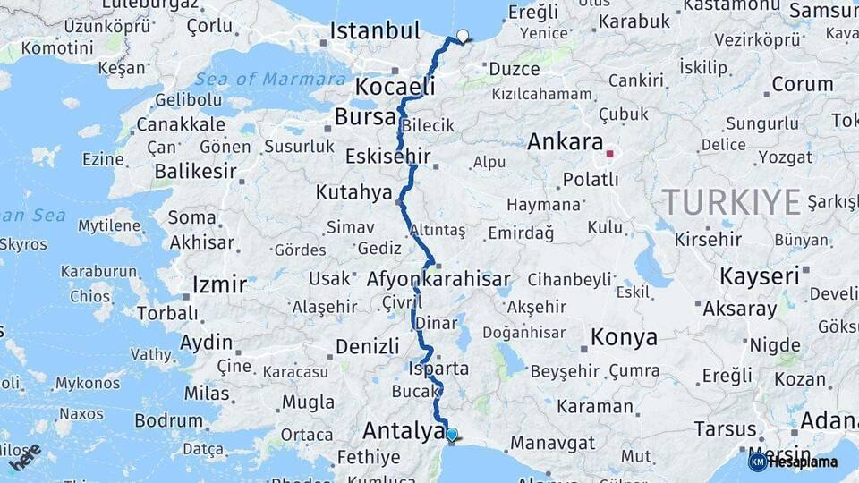 Antalya Kocaali Sakarya Arası Kaç Km - Yol Haritası