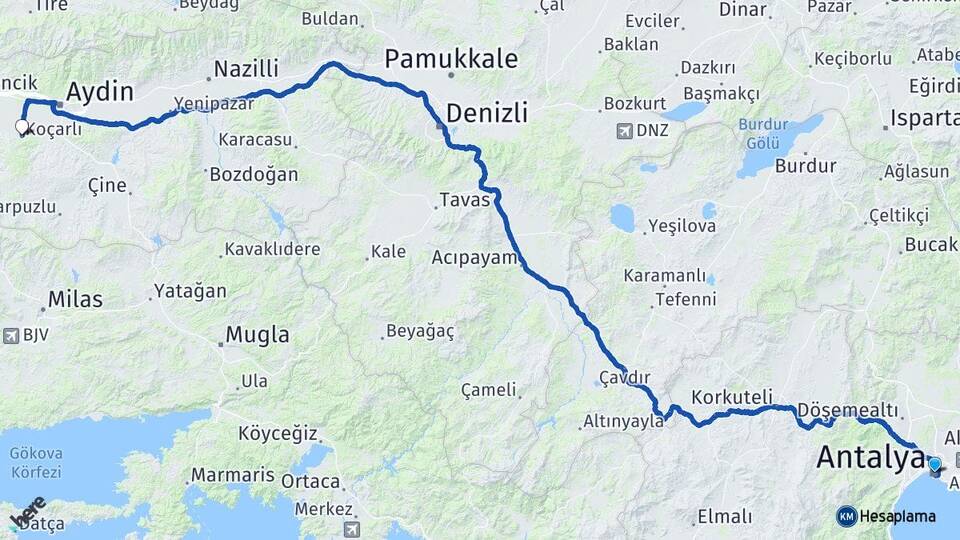 Antalya Koçarlı Aydın Arası Kaç Km - Yol Haritası