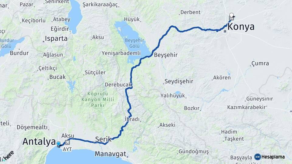 Antalya Konya Havalimanı Arası Kaç Km - Yol Haritası