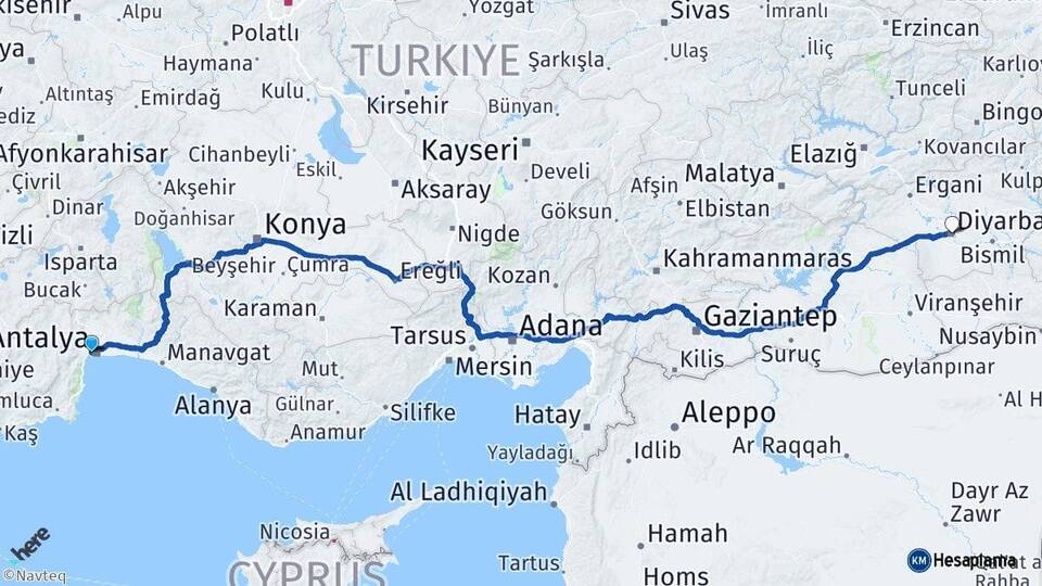 Antalya Konyaaltı Diyarbakır Arası Kaç Km - Yol Haritası