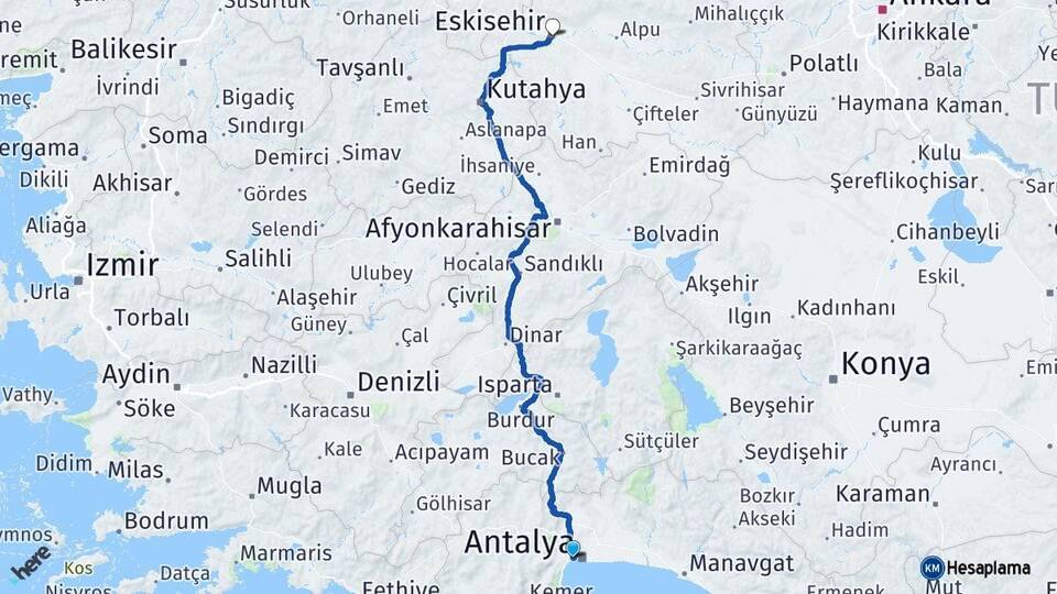 Antalya Konyaaltı Eskişehir Arası Kaç Km - Yol Haritası