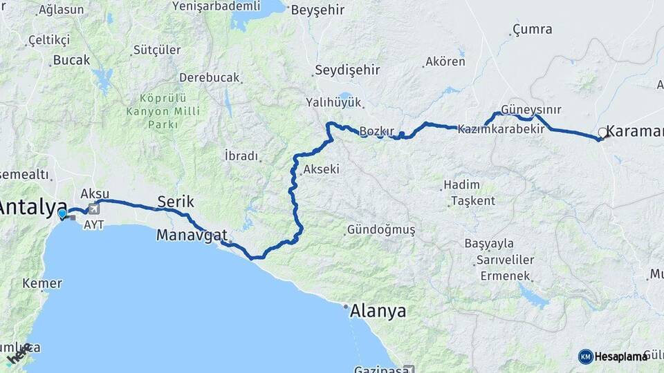 Antalya Konyaaltı Karaman Arası Kaç Km - Yol Haritası