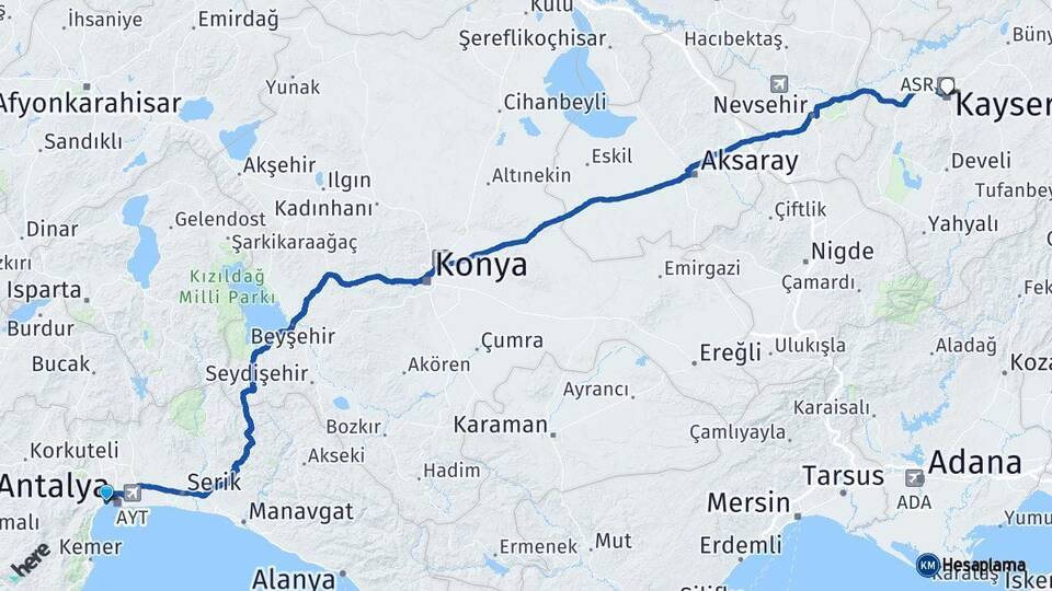 Antalya Konyaaltı Kayseri Arası Kaç Km - Yol Haritası