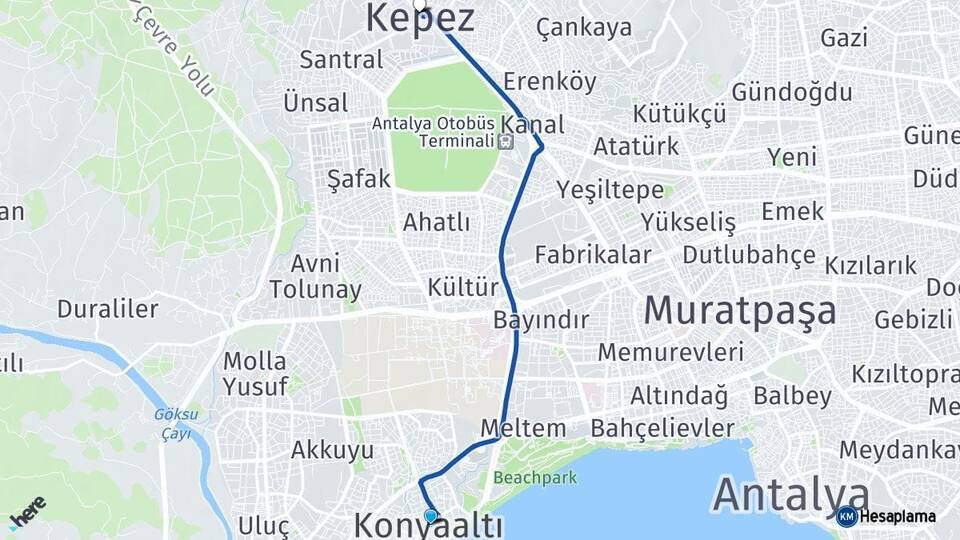 Antalya Konyaaltı Kepez Arası Kaç Km - Yol Haritası