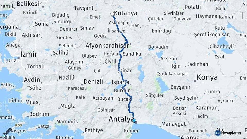 Antalya Konyaaltı Kütahya Arası Kaç Km - Yol Haritası