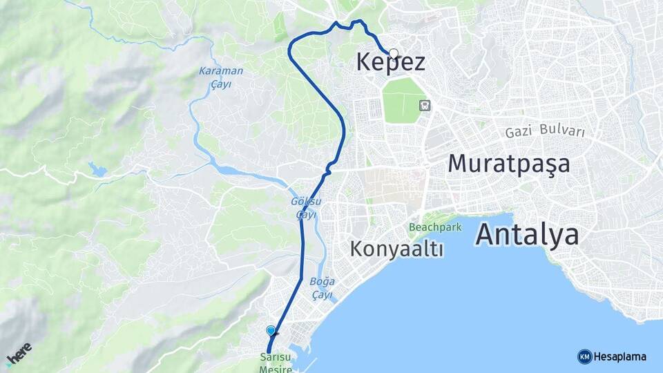 Antalya Konyaaltı Sarısu Kepez Arası Kaç Km - Yol Haritası