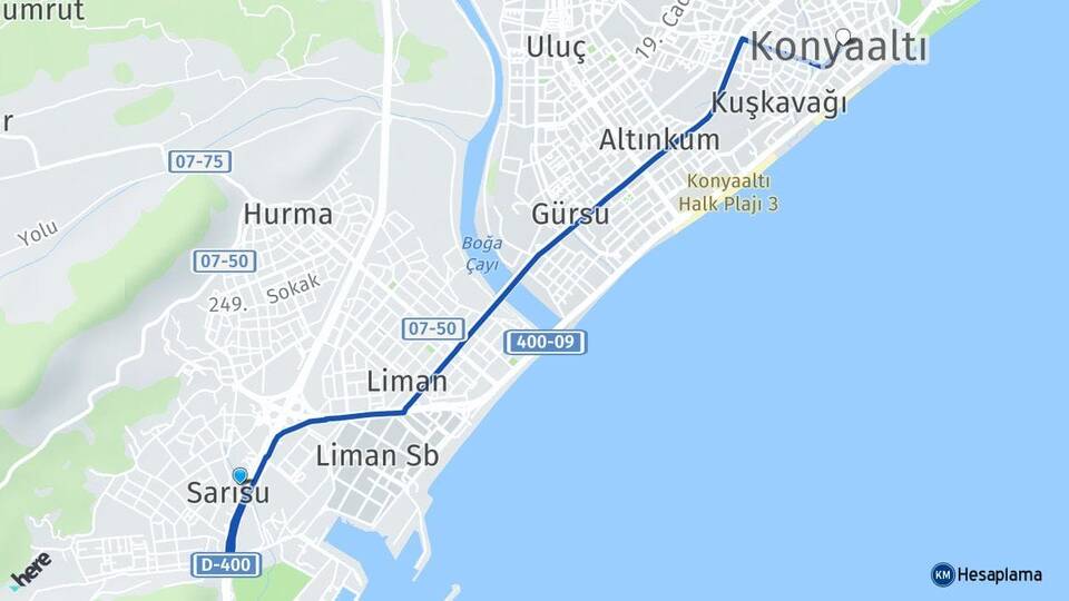 Antalya Konyaaltı Sarısu Konyaaltı Arası Kaç Km - Yol Haritası