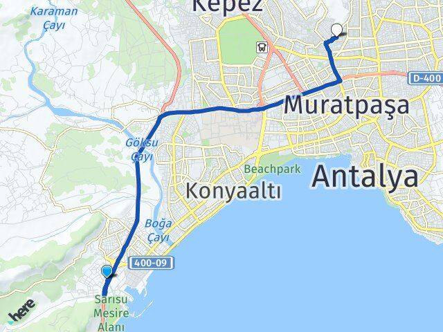 Antalya Konyaaltı Sarısu Yeni Emek Kepez Arası Kaç Km - Yol Haritası