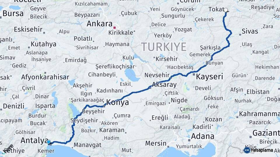 Antalya Konyaaltı Tokat Arası Kaç Km - Yol Haritası