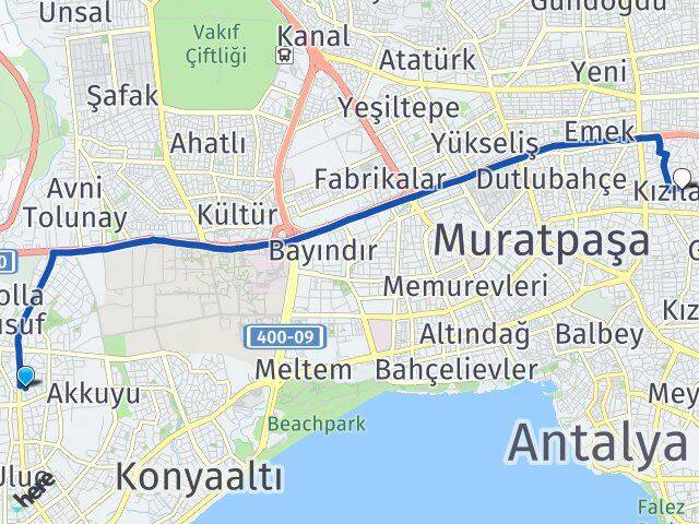 Antalya Konyaaltı Uncalı Kızılarık Muratpaşa Arası Kaç Km - Yol Haritası