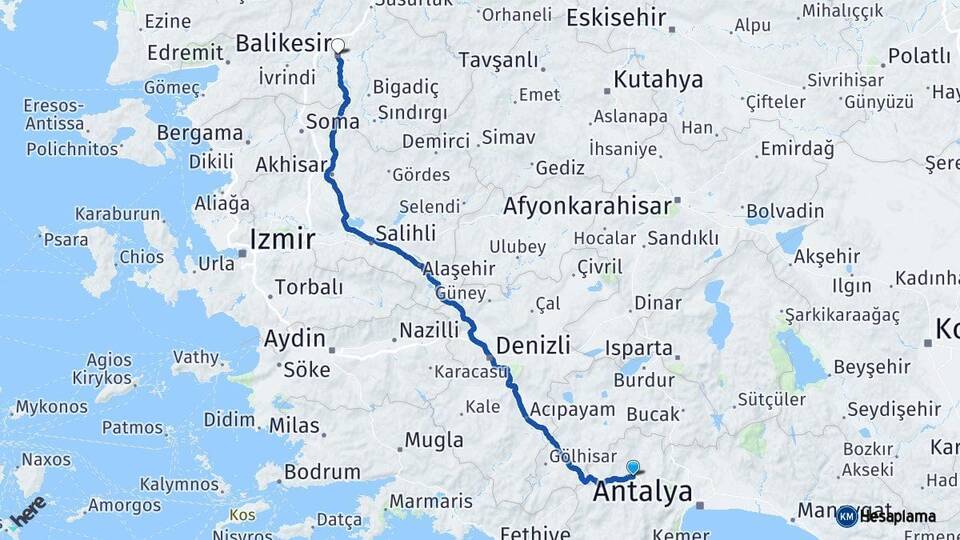 Antalya Korkuteli Balıkesir Arası Kaç Km - Yol Haritası