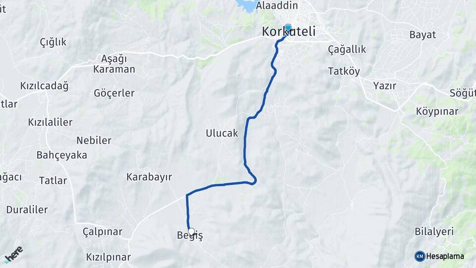 Antalya Korkuteli Beğiş Korkuteli Arası Kaç Km - Yol Haritası