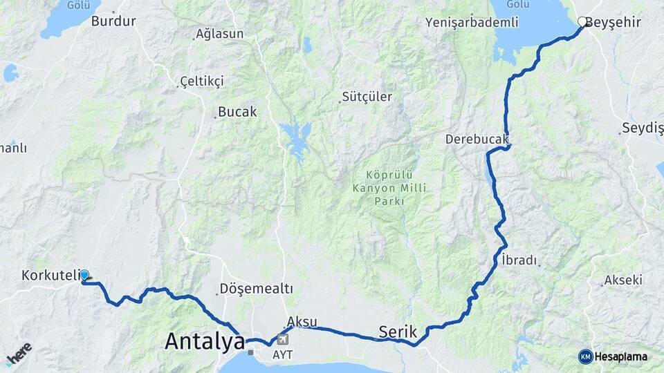 Antalya Korkuteli Beyşehir Konya Arası Kaç Km - Yol Haritası