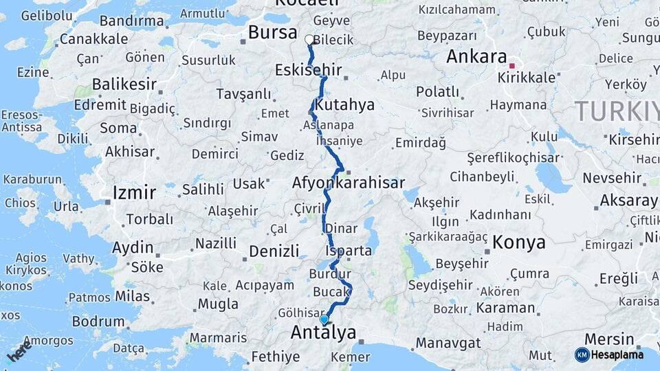 Antalya Korkuteli Bilecik Arası Kaç Km - Yol Haritası