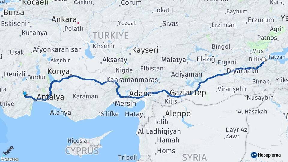 Antalya Korkuteli Bitlis Arası Kaç Km - Yol Haritası